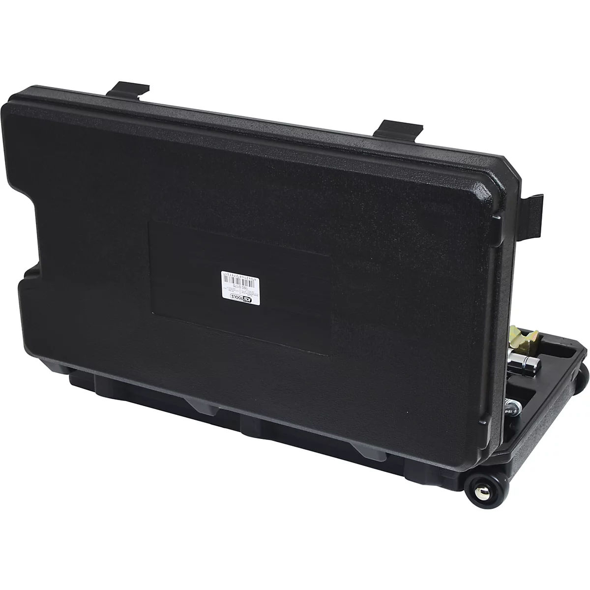 Schwarzer Werkzeugkoffer mit Rollen und geöffnetem Deckel. Werkzeug ist teilweise sichtbar.